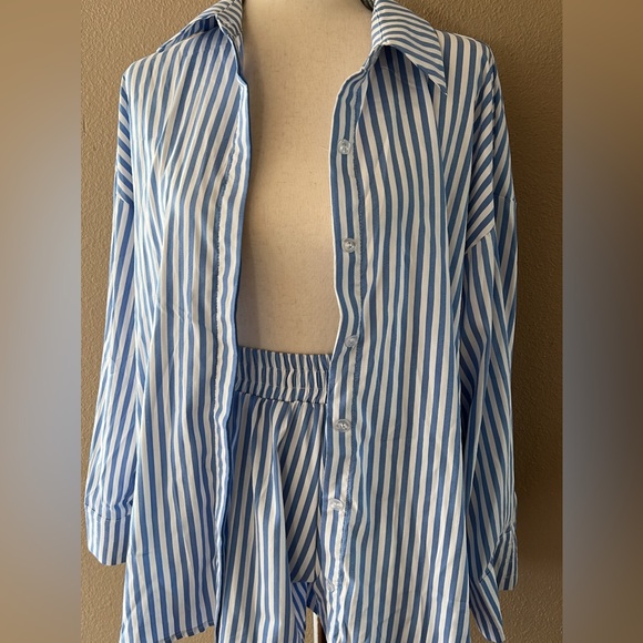 Striped button down long sleeve top with matching shorts set - Picture 9 of 9